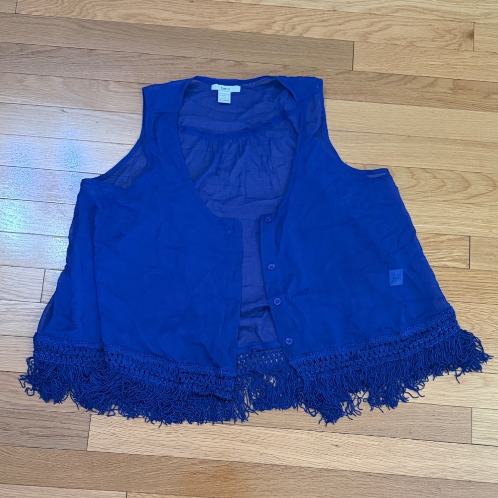 Bar III Blue Sheer Fringe Hem Vest Top XL Boho Layering Lightweight